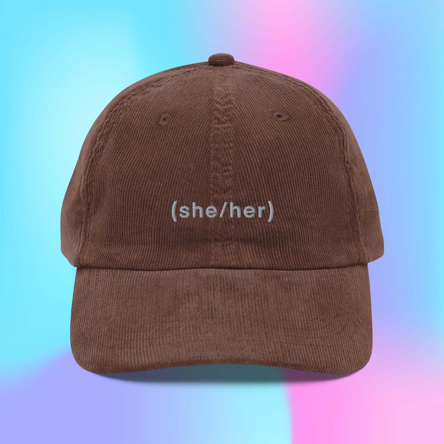 She/her pronouns parenthesis corduroy hat