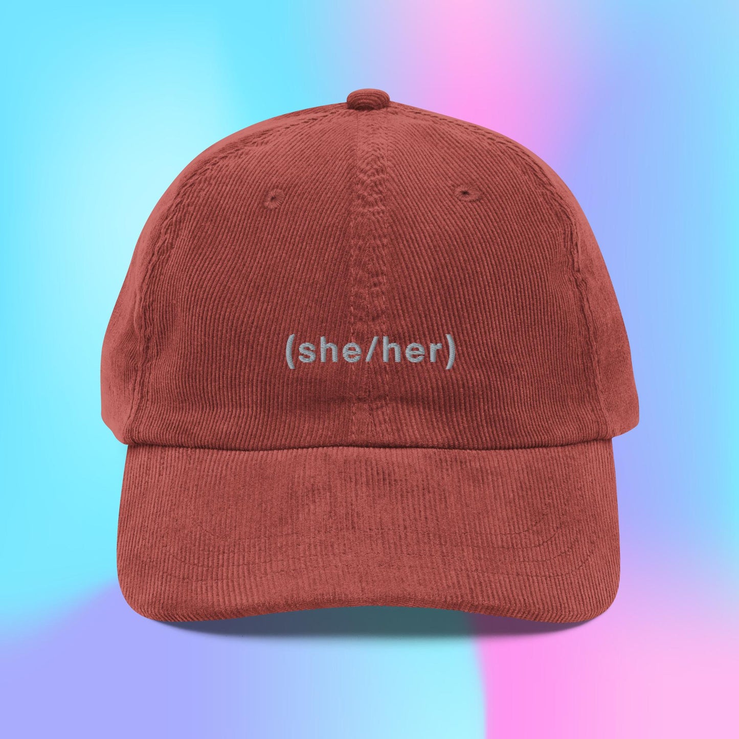 She/her pronouns parenthesis corduroy hat